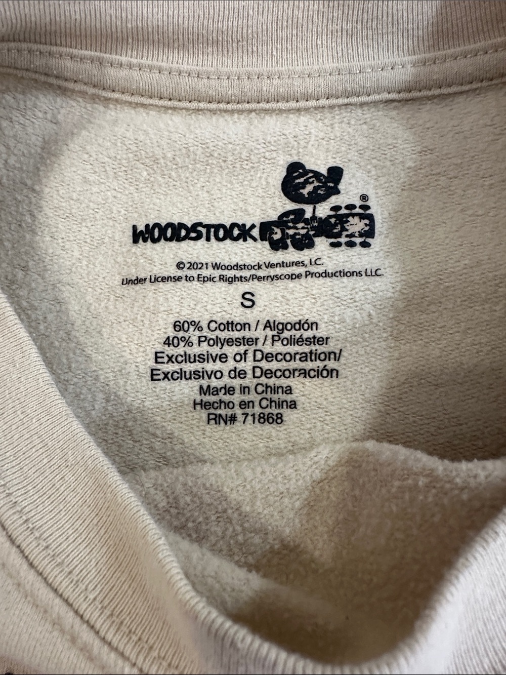 Woodstock cream crew neck peace sign sweater sweatshirt sz Small - Picture 3 of 6